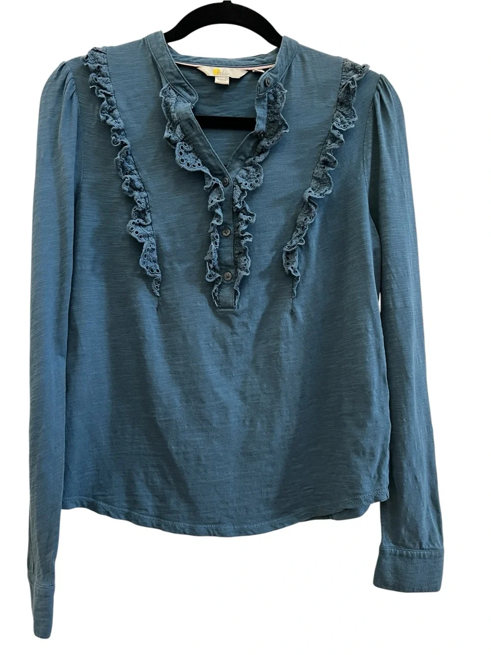 Boden Emily Pom Trim Ruffle Cotton Top Blue Size US 4 Eyelet Trim Cottagecore